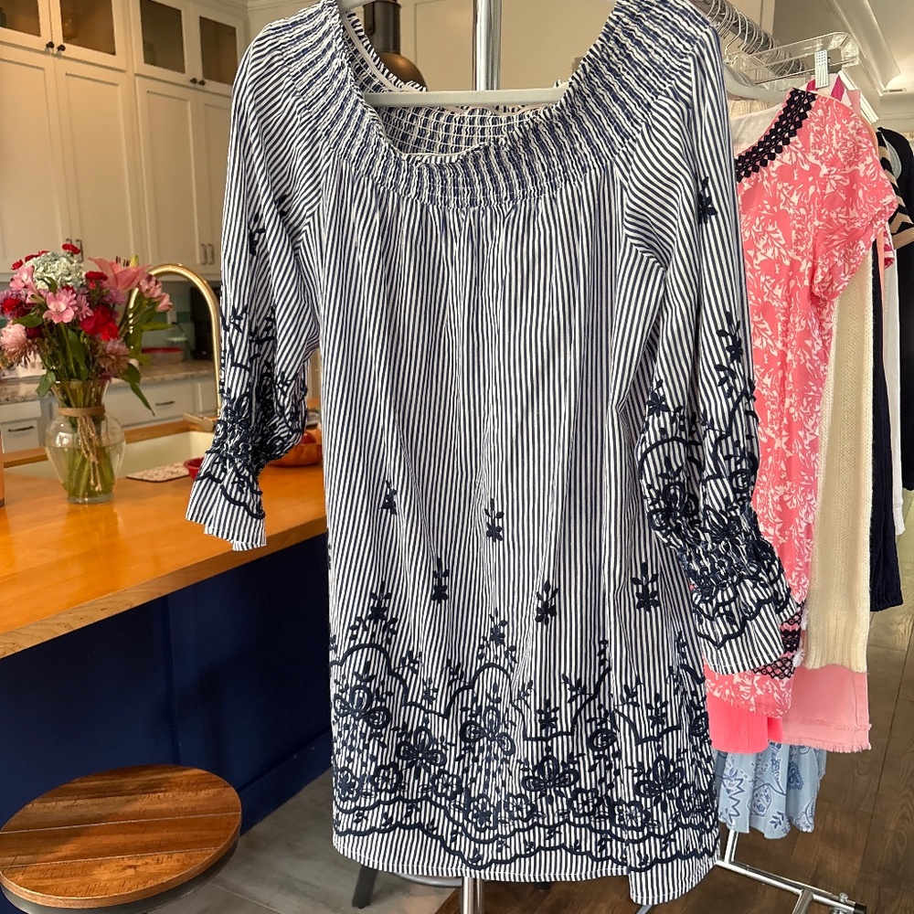 Navy Blue and White Stripe Dress Sz L